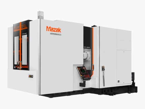 En Mazak CNC-maskin med en vit och svart exteriör med orange accenter, utrustad med en kontrollpanel och specialverktyg för exakta tillverkningsoperationer.